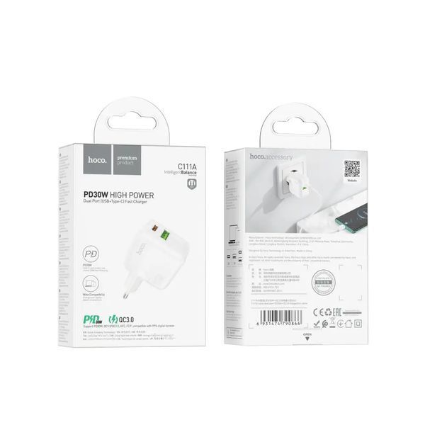 Мережевий зарядний пристрій HOCO C111A Lucky dual-port PD30W+QC3.0 charger White 6931474790866 фото
