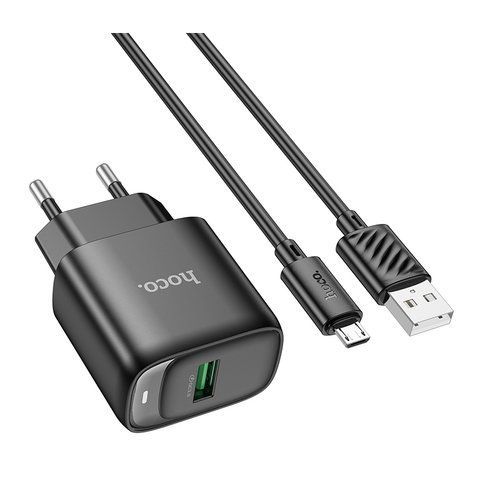 Мережевий зарядний пристрій з кабелем HOCO C140A Smart single port QC3.0 charger set(Micro)(EU) Black 6942007627801 фото