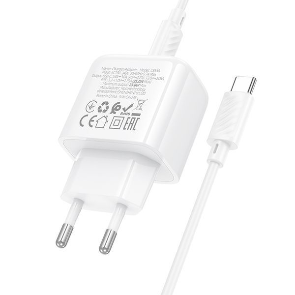 Мережевий зарядний пристрій з кабелем HOCO CS53A Surplus single port PD25W charger set(C to C) White 6942007631501 фото
