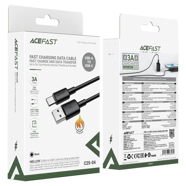 Кабель ACEFAST C25-04 USB-A to USB-C silicone charging data cable Black 6974316287070 фото