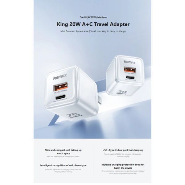 Мережевий зарядний пристрій REMAX Kings 20W A+C Charger CA-18(AC20W) EU-white 6954851236825 фото