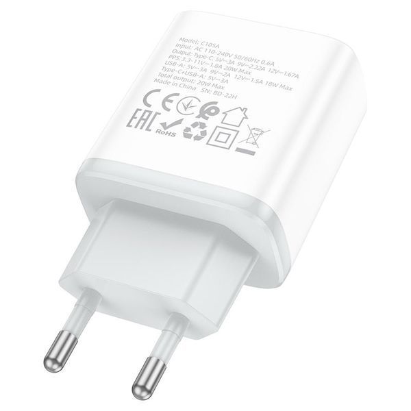 Мережевий зарядний пристрій HOCO C105A Stage dual port PD20W+QC3.0 charger White 6931474782946 фото