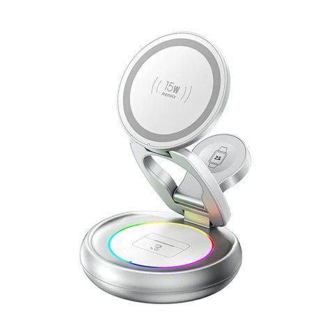 Бездротовий зарядний пристрій REMAX 20.5W Upgrade free metal foldable rotatable magnetic 3 in 1 wireless charger CW05 Sliver 6954851260271 фото