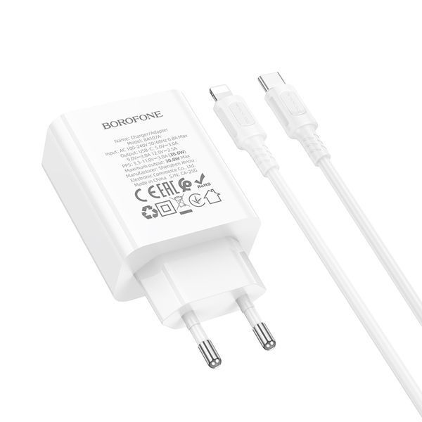 Мережевий зарядний пристрій з кабелем BOROFONE BA107A Stellar single port PD30W charger set (C to iP) (EU) White 6941991125355 фото