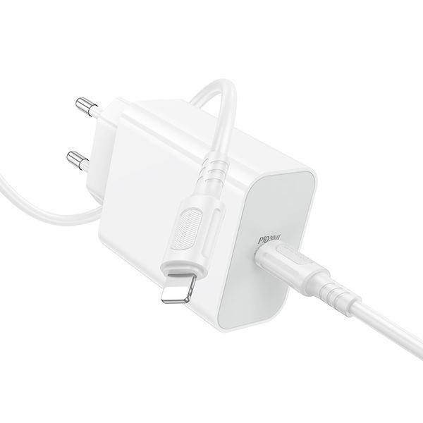 Мережевий зарядний пристрій з кабелем BOROFONE BA107A Stellar single port PD30W charger set (C to iP) (EU) White 6941991125355 фото