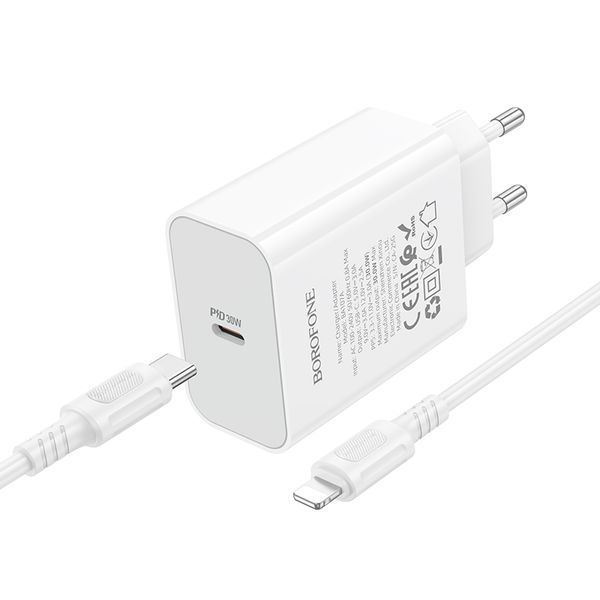 Мережевий зарядний пристрій з кабелем BOROFONE BA107A Stellar single port PD30W charger set (C to iP) (EU) White 6941991125355 фото