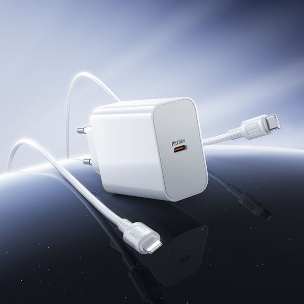 Мережевий зарядний пристрій з кабелем BOROFONE BA107A Stellar single port PD30W charger set (C to iP) (EU) White 6941991125355 фото