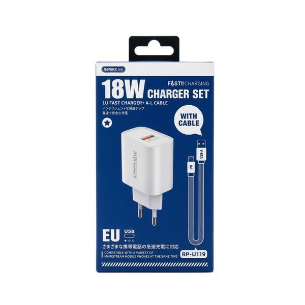 Мережевий зарядний пристрій з кабелем REMAX Kiddy 18W Charger+ Cable Set RP-U119 EU-A-L 6954851245759 фото
