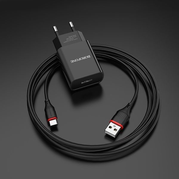 Мережевий зарядний пристрій з кабелем BOROFONE BA20A Sharp single port charger set(Type-C) 10.5W Black 6931474702142 фото