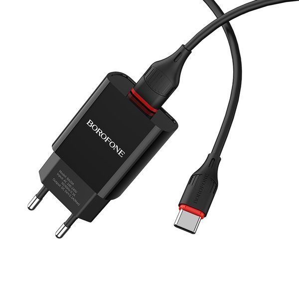 Мережевий зарядний пристрій з кабелем BOROFONE BA20A Sharp single port charger set(Type-C) 10.5W Black 6931474702142 фото