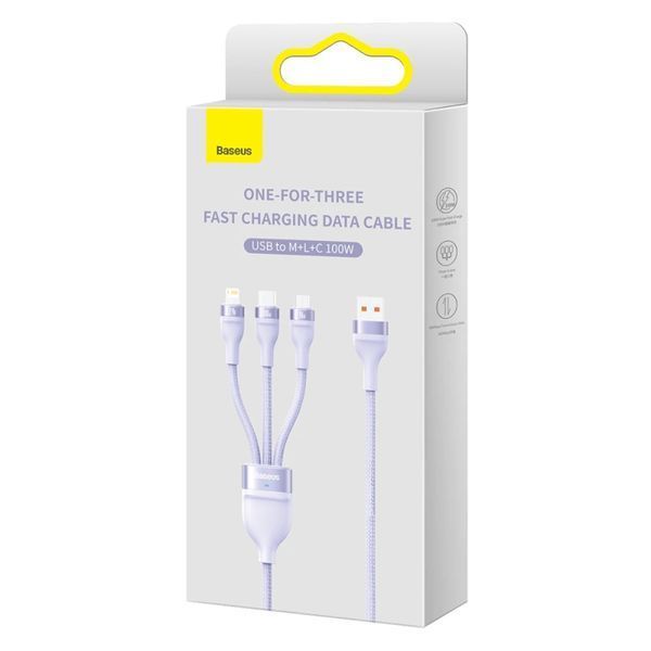 Кабель Baseus Flash Series Ⅱ One-for-three Fast Charging Data Cable USB to M+L+C 100W 1.2m Purple CASS030005 фото