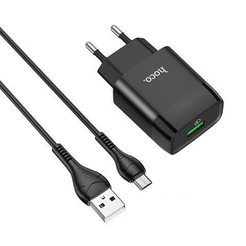 Мережевий зарядний пристрій з кабелем HOCO C72Q Glorious single port QC3.0 charger set(Micro) 18W Black 6931474732521 фото