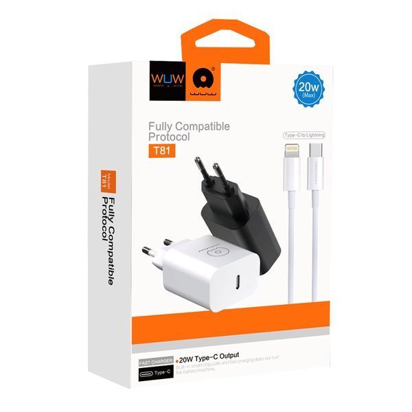 Мережевий зарядний пристрій з кабелем WUW-T81L PD 20W USB C fast charger +USB C to Lightning cable kit 6972573335503 фото