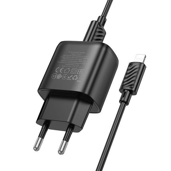 Мережевий зарядний пристрій з кабелем HOCO C141A Smart dual-port charger set(iP) Black 6942007627863 фото