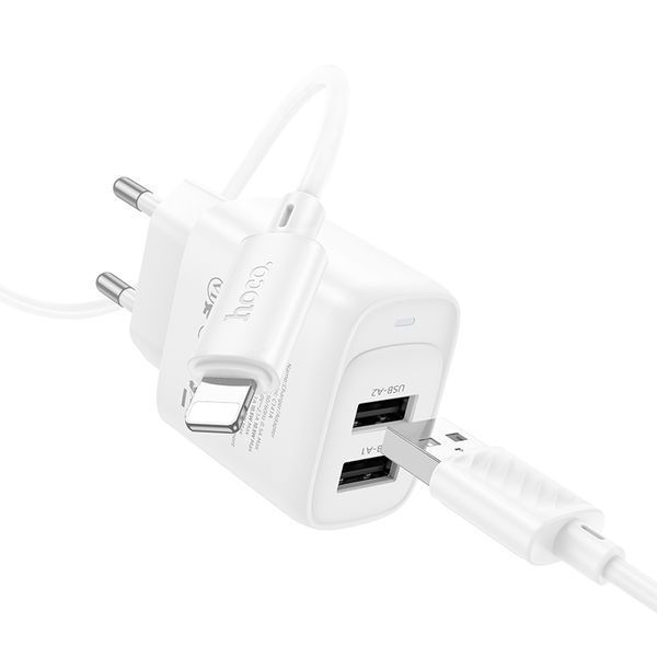 Мережевий зарядний пристрій з кабелем HOCO C141A Smart dual-port charger set(iP) White 6942007627870 фото
