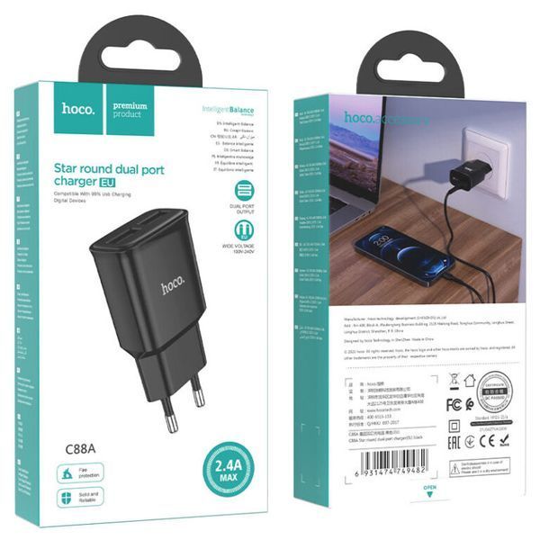 Мережевий зарядний пристрій HOCO C88A Star round dual port charger 12W Black 6931474749482 фото