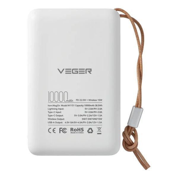 Зовнішній акумулятор VEGER MagOn Wireless Power Bank 10000mAh White VG-VP1151/W1151 фото