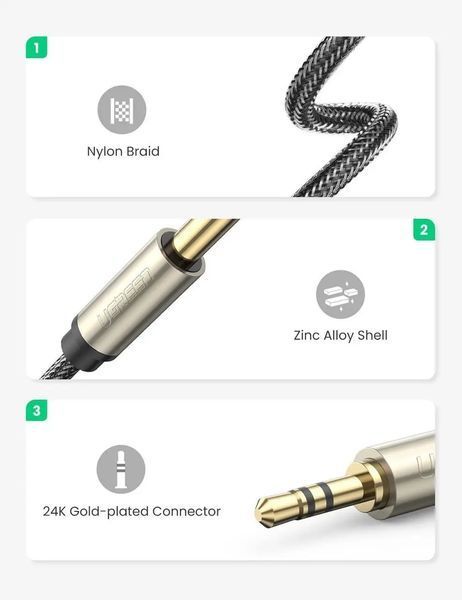 Аудіокабель UGREEN AV127 3.5mm Male to 6.35mm Male, TRS Stereo Audio Cable, nylon braid, 2m Gray UGR-10628 фото
