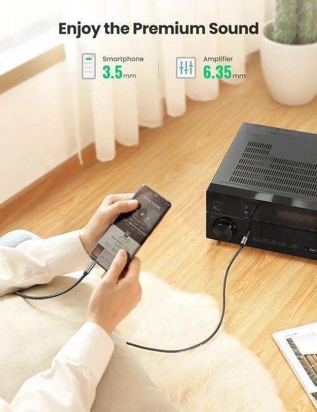Аудіокабель UGREEN AV127 3.5mm Male to 6.35mm Male, TRS Stereo Audio Cable, nylon braid, 2m Gray UGR-10628 фото