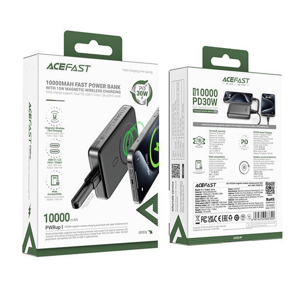 Зовнішній акумулятор ACEFAST M10-10000 PD30W magnetic wireless charging power bank with cable Black 6974316283300 фото