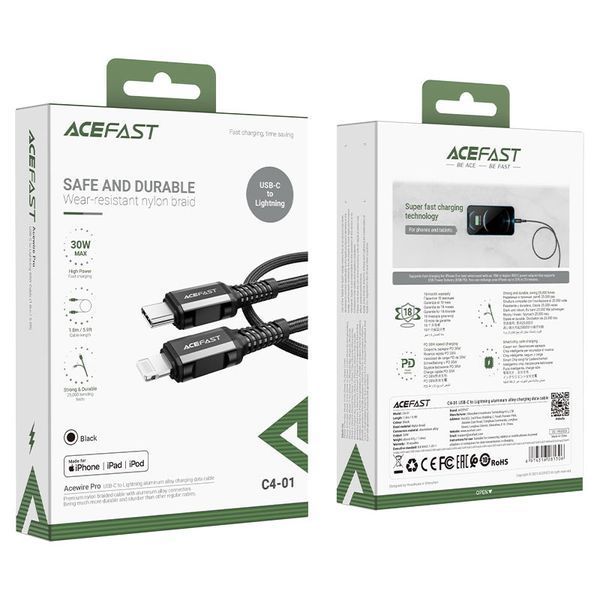 Кабель ACEFAST C4-01 Type-C to iP 3A, 30W, 1.8m, nylon, zinc connectors, Black 6974316281306 фото
